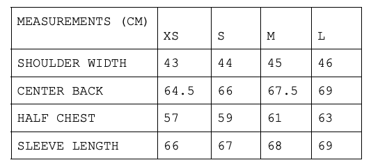 Size chart for postal mesh pullover